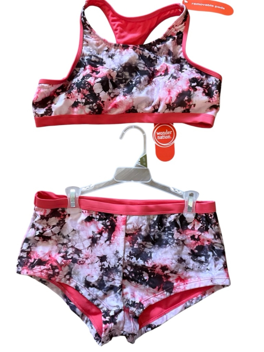 wonder nation Pink, Black & White Marble Sports Bra and Shorts Swimsuit
